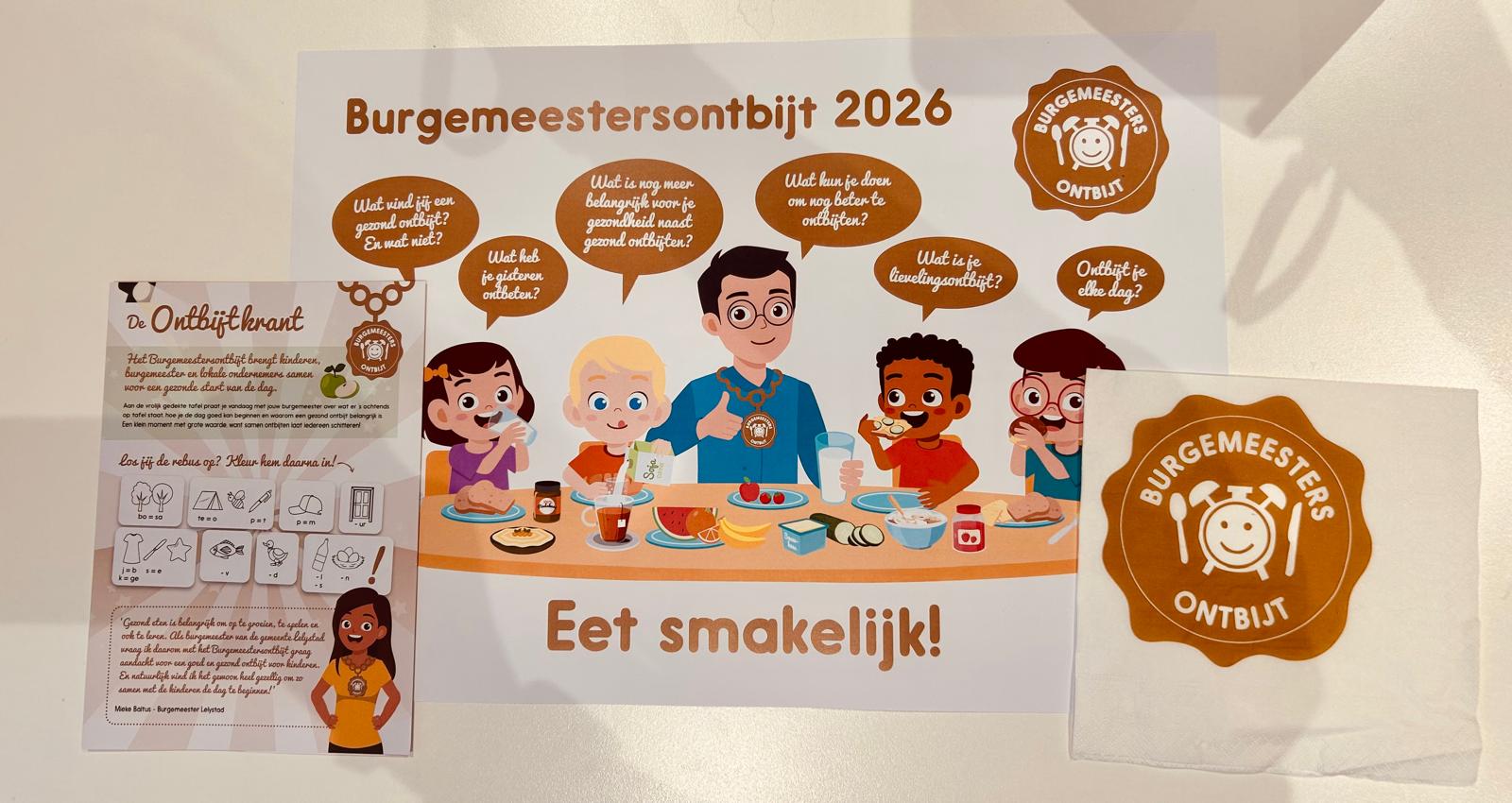 Placemat met leuke informatieve tekeningen van een burgemeestersontbijt