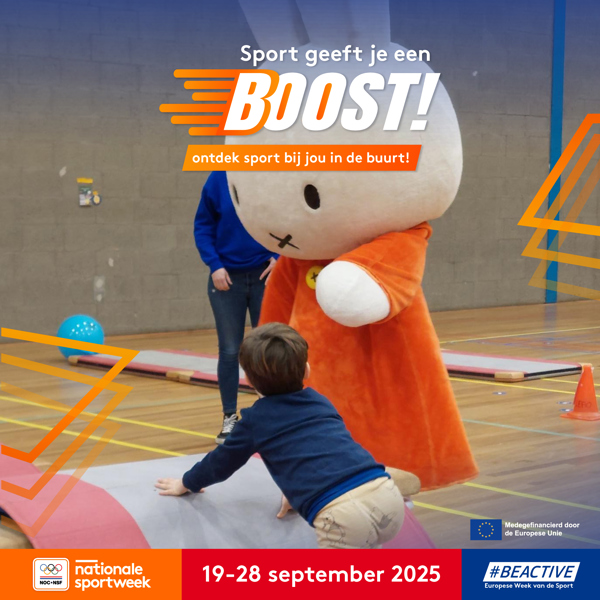 Aankondigingsbeeld voor Nationale Sportweek 2025 met een actiefoto van mascotte Nijntje.
