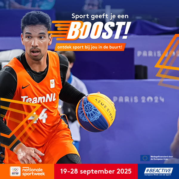Aankondigingsbeeld voor Nationale Sportweek 2025 met een actiefoto van Arvin Slagter