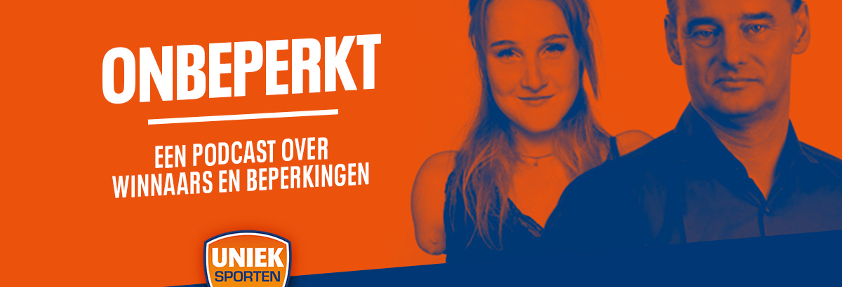 Banner met reclame voor de Onbeperk Podcast van Uniek sporten. 