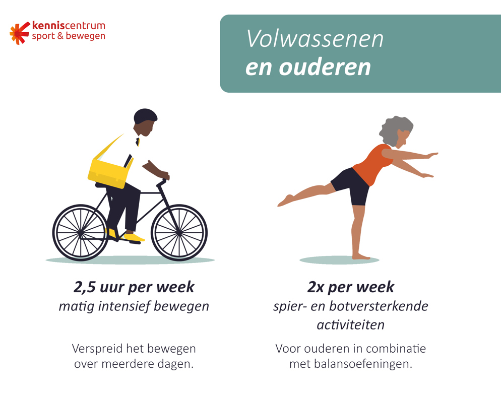 Getekende weergave van de beweegrichtlijnen van volwassenen en ouderen. 