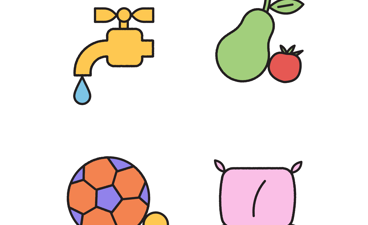 Getekende illustratie van kraan, fruit, speelgoed en bedkussen.