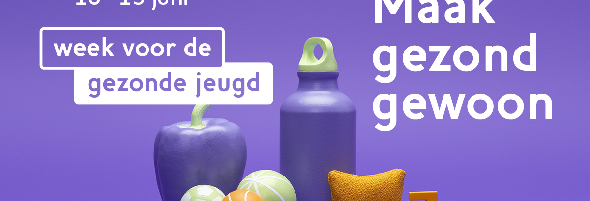 Reclamebanner van JOGG voor de 'Week van de Gezonde Jeugd' met een de leus 'Maak Gezond Gewoon'