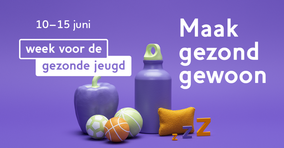 Reclamebanner van JOGG voor de 'Week van de Gezonde Jeugd' met een de leus 'Maak Gezond Gewoon'
