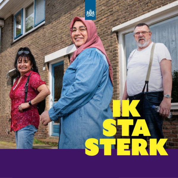 Campagnebeeld van 'Ik Sta Sterk' campagne met drie wandelende buren.