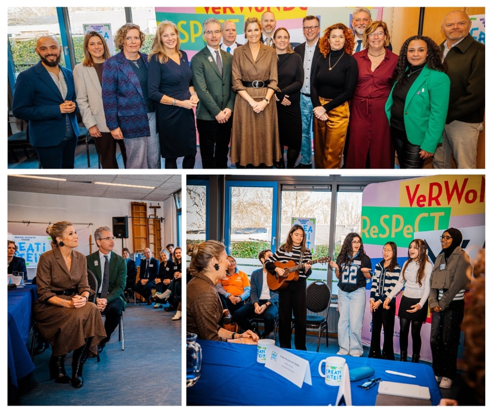 collage van afbeeldingen van bezoek van Koningin Maxima aan basisschool de Stromen