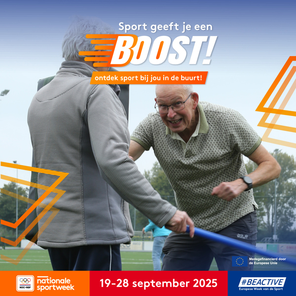 Aankondigingsbeeld voor Nationale Sportweek 2025 met een actiefoto van sportende senioren.