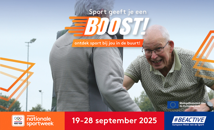 Aankondigingsbeeld voor Nationale Sportweek 2025 met een actiefoto van sportende senioren.
