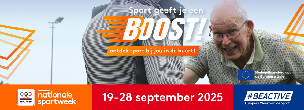 Aankondigingsbeeld voor Nationale Sportweek 2025 met een actiefoto van sportende senioren.