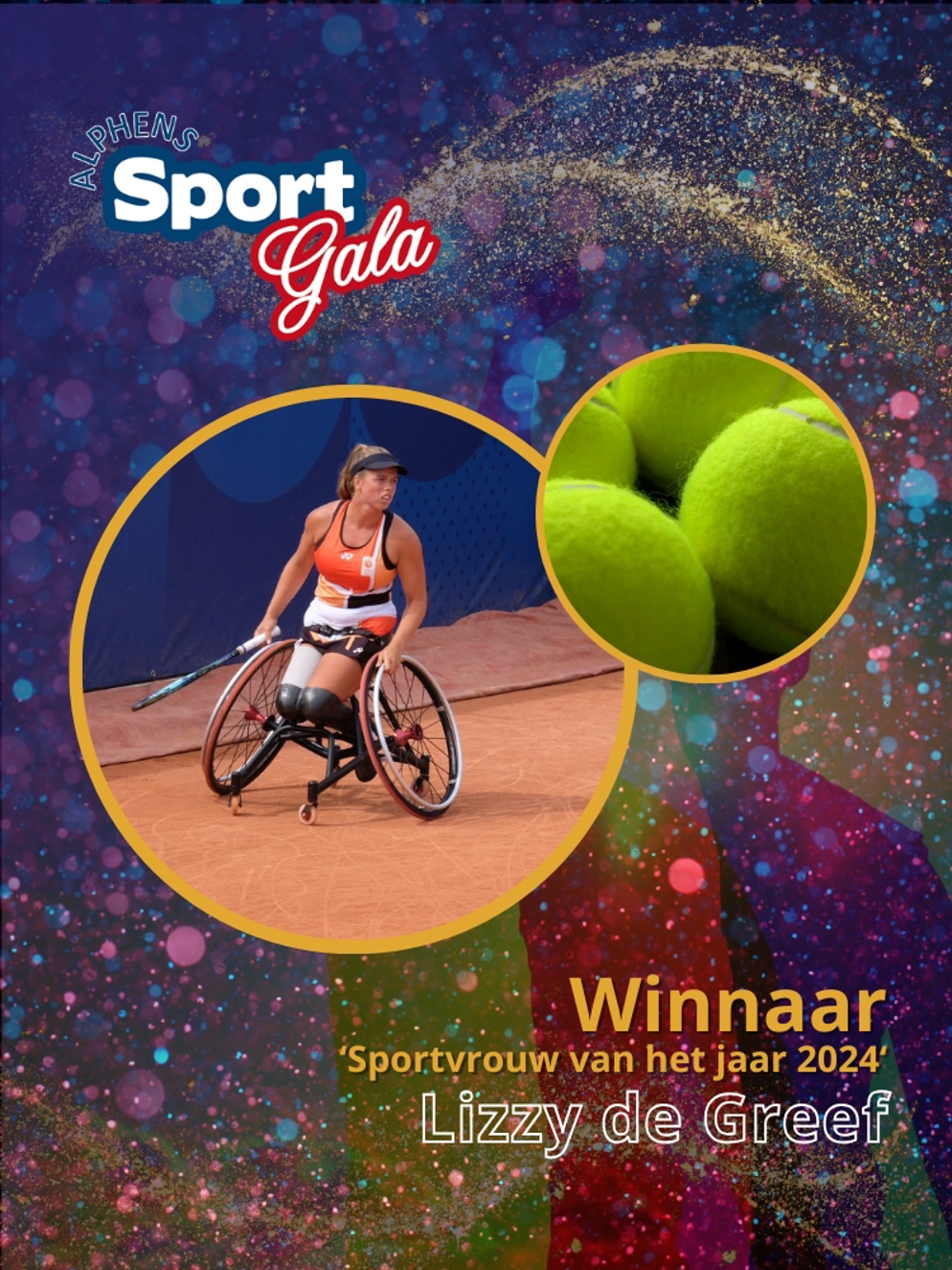 Actiefoto in een soort oorkonde van Winnaar Sportvrouw Sportgala Alphen 2024 Lizzy de Greef.