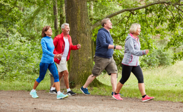 Vier volwassen mensen doen aan sportief wandelen in de natuur.