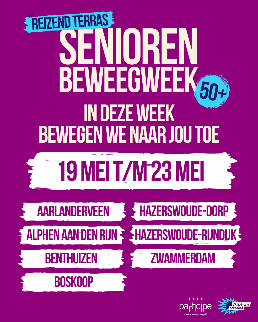 Poster ter aankondiging van Senioren Beweegweek (19 t/m 23 mei).