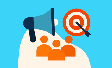 Getekende weergave van personen met target en omroepinstallatie