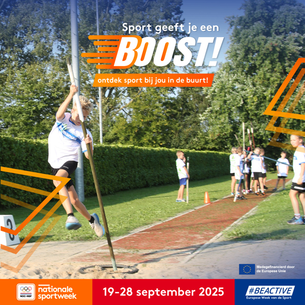 Aankondigingsbeeld voor Nationale Sportweek 2025 met polstokverspringende tiener.
