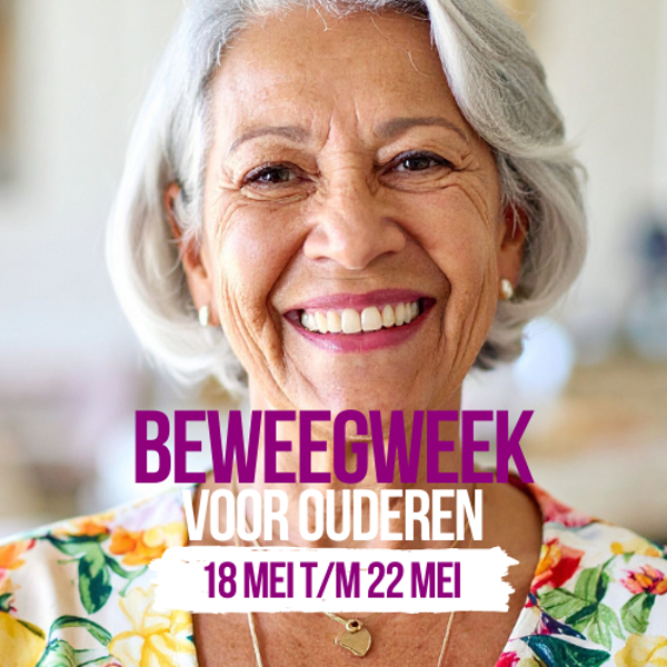Lachende vrouw met aankondiging Beweegweek voor ouderen 18 t/m 22 mei