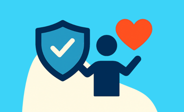 Getekende weergave van persoon met hartje en schild.