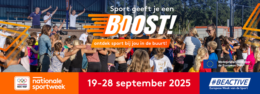 Aankondigingsbeeld voor Nationale Sportweek 2025 met dansende kinderen onder leiding van de wethouder en buurtsportcoaches.