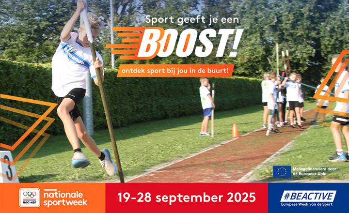 Aankondigingsbeeld voor Nationale Sportweek 2025 met polstokverspringende tiener.