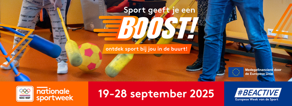 Aankondigingsbeeld voor Nationale Sportweek 2025 met een actiefoto van aangepast sporten.