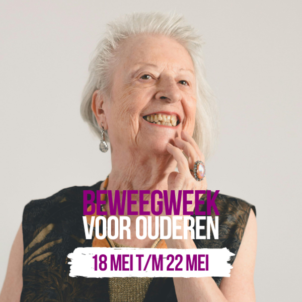 Lachende vrouw met datum beweegweek voor ouderen 18 t/m 22 mei