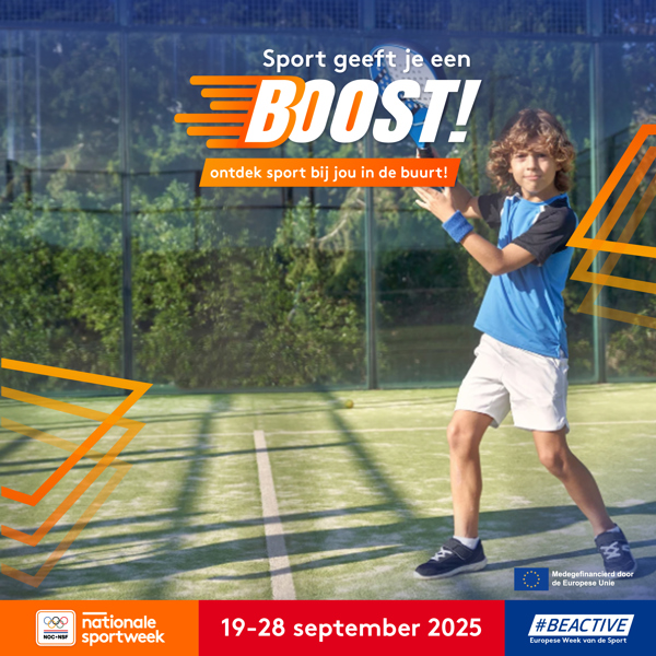 Aankondigingsbeeld voor Nationale Sportweek 2025 met een actiefoto van een kind wat padel speelt. 
