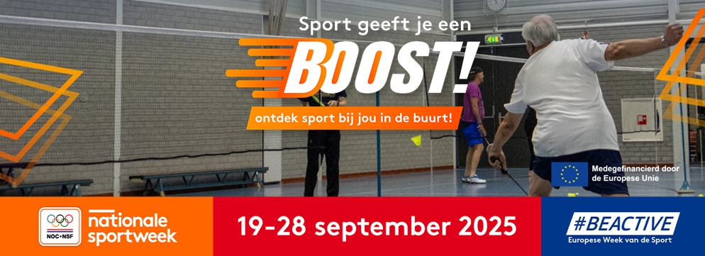 Aankondigingsbeeld voor Nationale Sportweek 2025 met een actiefoto van een badmintonner.