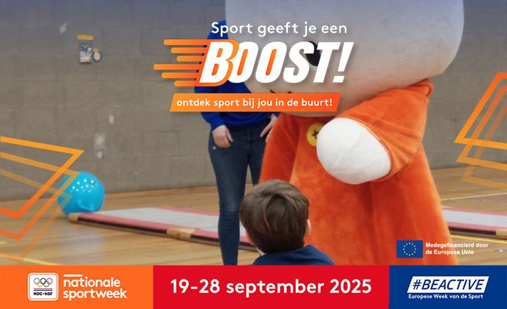  Aankondigingsbeeld voor Nationale Sportweek 2025 met een actiefoto van mascotte Nijntje.