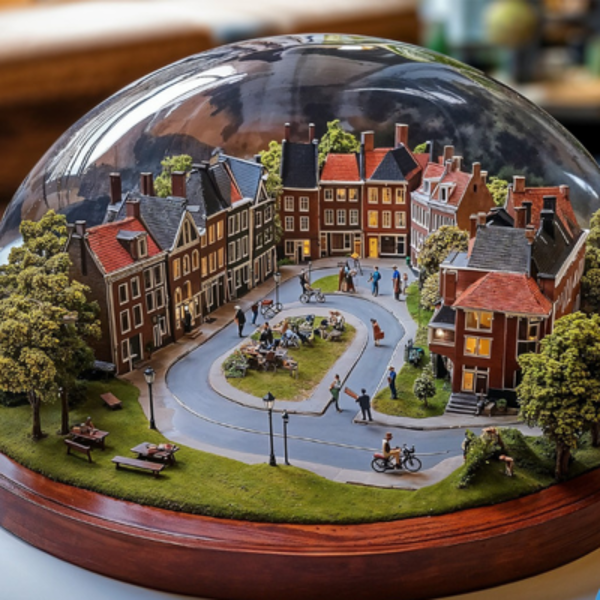 Plaatje van een "sneeuwbal" ecosysteem met een stadje erin