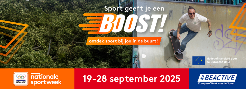 Aankondigingsbeeld voor Nationale Sportweek 2025 met actiefoto van een volwassen skater op een ramp.