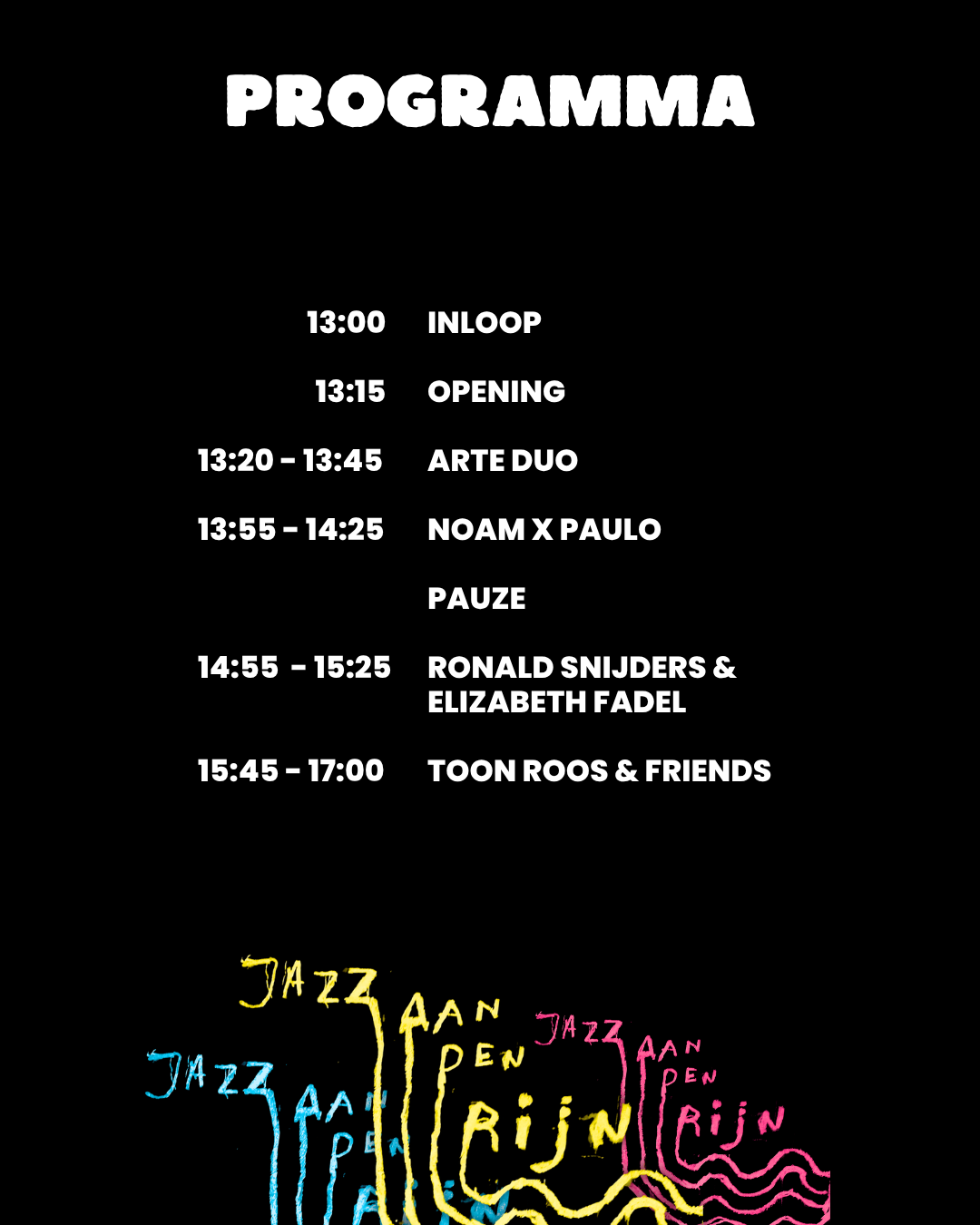 Het programma uitgeschreven op een zwart plaatje