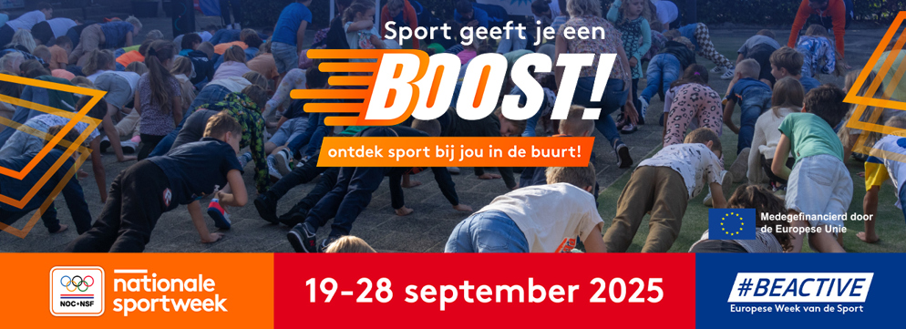 Aankondigingsbeeld voor Nationale Sportweek 2025 met een actiefoto van kinderen in ligsteun.