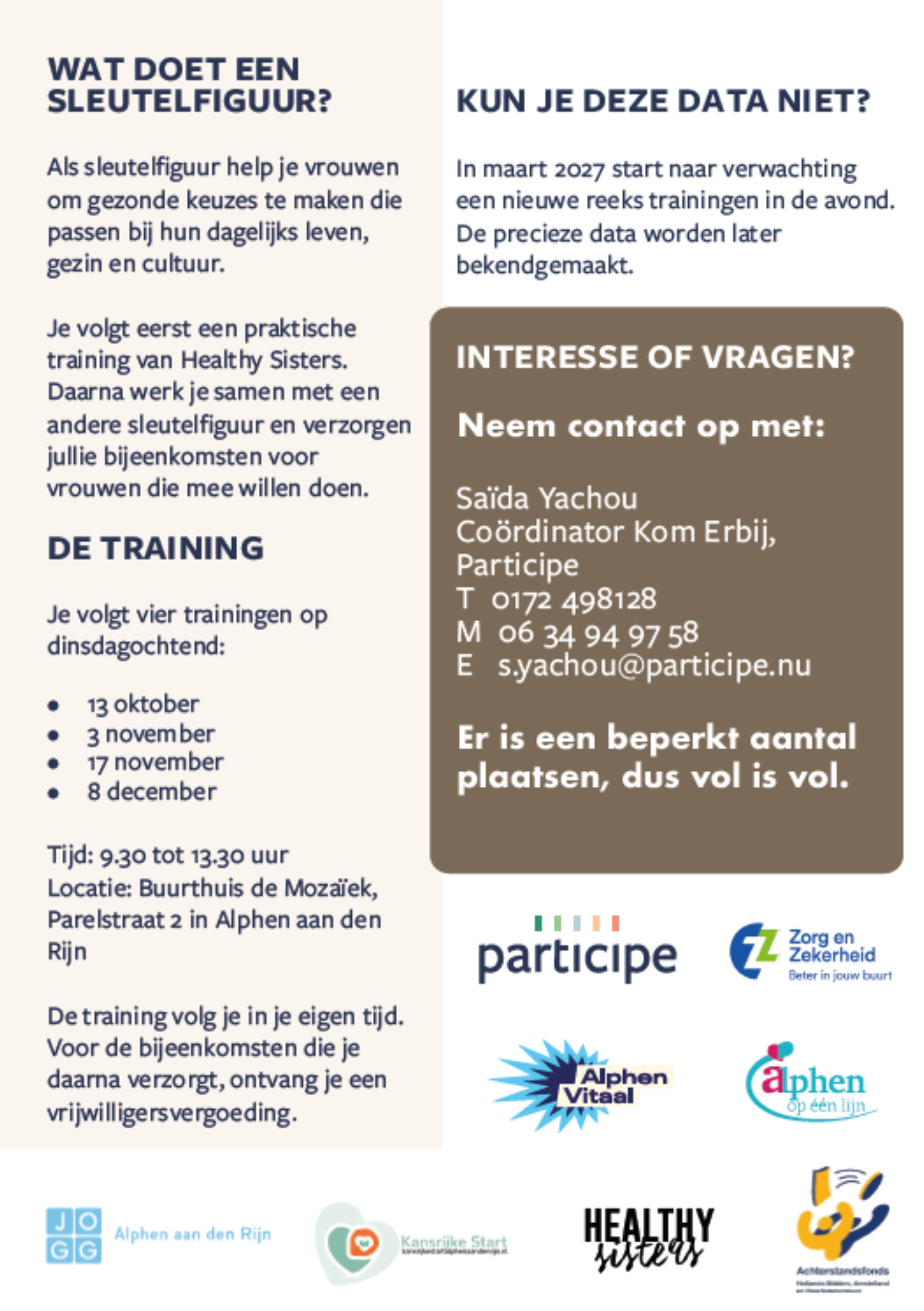 Achterkant van de flyer van de healthy Community met meer informatie over data en opleiding