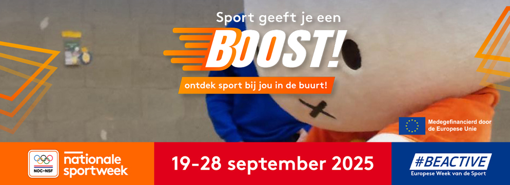 Aankondigingsbeeld voor Nationale Sportweek 2025 met een actiefoto van mascotte Nijntje.