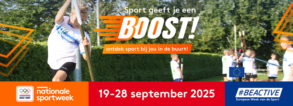Aankondigingsbeeld voor Nationale Sportweek 2025 met polstokverspringende tiener.