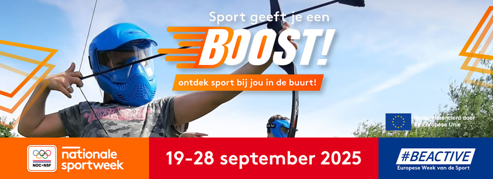 Aankondigingsbeeld voor Nationale Sportweek 2025 met actiefoto van een kind wat pijl en boog schiet.