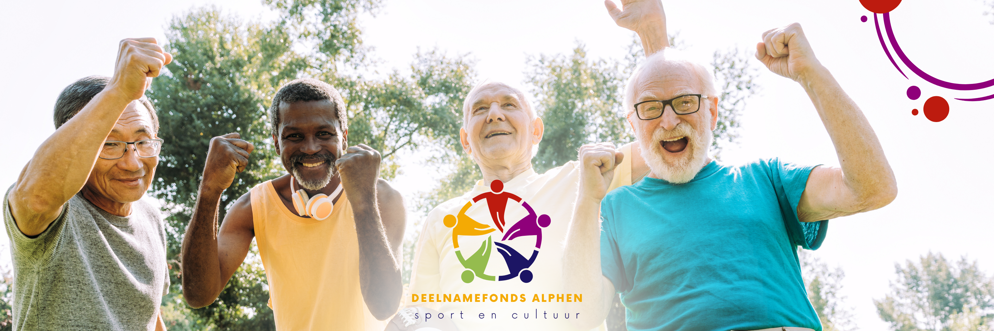 4 juigende sportief uitziende mannen met daarbij het logo van Fonds Alphen.
